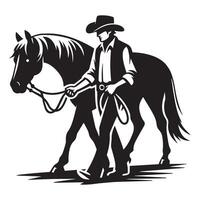 ein Cowboy Gehen neben ein Pferd Illustration im schwarz und Weiß vektor