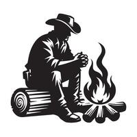 ein Cowboy Sitzung auf ein Log mit Lagerfeuer Illustration im schwarz und Weiß vektor