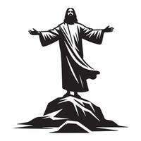 Jesus stående på en sten med vapen utsträckt illustration i svart och vit vektor