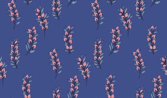 abstrakt, konstnärlig grenar med mycket liten knoppar blommor och små löv spridd slumpvis i en sömlös mönster. blå bakgrund med kreativ vild blommig stjälkar utskrift. hand teckning skiss. vektor