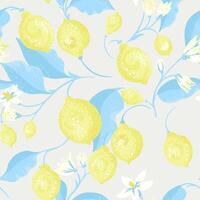 pastell sommar sömlös mönster med citroner på gren och löv. hand teckning. abstrakt konstnärlig blomning frukt illustration för utskrift. prydnad upprepad för mönster textilier kök vektor