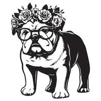 Englisch Bulldogge mit Blume Krone und Brille Illustration vektor