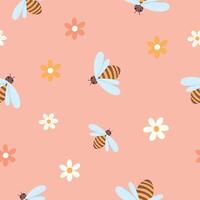 sömlös mönster av bin och blommor på en rosa bakgrund vektor