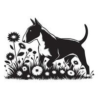 Stier Terrier schnüffeln im Blume Wiese Illustration im schwarz und Weiß vektor