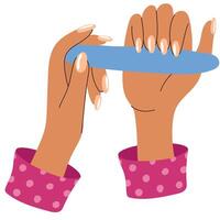 ein Frau Dateien ihr Nägel. Damen gepflegt Hände mit Nagel Polieren. ästhetisch Kosmetologie. vektor