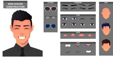 ansiktskonstruktion och karaktärsskapande set. kaukasiska bär skjorta och slips man hår, ögon, läppar och huvud pack för avatar skapande vektor fil.