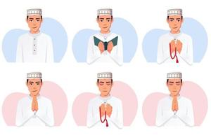 muslimsk man vit thobe klänning, bär taqiyah hatt läser Koranen, ber med pärlor, leende vektorillustration. vektor