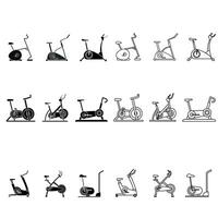 övning cykel ikon uppsättning. Träning anordning illustration tecken samling. Gym symbol eller logotyp. vektor