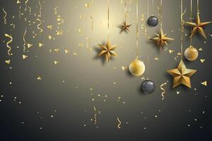 glücklich Neu Jahr und fröhlich Weihnachten. Weihnachten schwarz Hintergrund dekoriert mit Gold funkelt und Sterne. Illustration. vektor