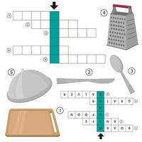 Kreuzworträtsel Küchenutensilien und Kochutensilien. Bildungsspiel für Kinder. Vektor