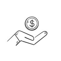 handgezeichnetes Sparen-Geld-Symbol, Gehaltsgeld, Finanzinvestition, Hand, die Dollar hält, Doodle-Symbole auf weißem Hintergrund vektor