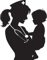 Krankenschwester mit Kind schwarz Farbe Silhouette vektor