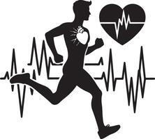 man löpning med elektrokardiogram och hjärta, silhuett svart Färg silhuett vektor