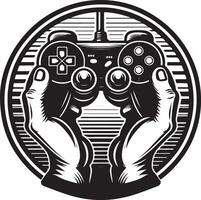 Jahrgang Abzeichen von Hand halten Joystick Illustration, schwarz Farbe Silhouette vektor