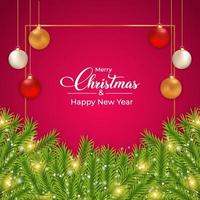 Weihnachts-Social-Media-Post mit rotem Hintergrund der grünen Blätter, rotem Weihnachtsbanner, Dekorationskugeln, grünen Blättern, goldener Kugel, frohe Weihnachten, guten Rutsch ins Neue Jahr vektor