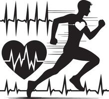 Mann Laufen mit Elektrokardiogramm und Herz, Silhouette schwarz Farbe Silhouette vektor