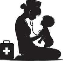 sjuksköterska med barn svart Färg silhuett vektor