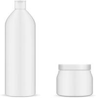 runden Weiß Flasche und Krug kosmetisch Satz. 3d realistisch Illustration. Flüssigkeit Shampoo Gel Lotion Paket. Sahne schrubben Gesicht Pflege Balsam Produkt Container. leeren Fan-Shop spotten oben Pack. vektor