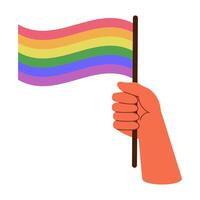 unterstützend Hand halten Regenbogen Flagge. Symbol von lgbtq Gemeinschaft vektor