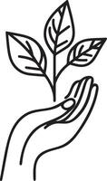Hand halten ein Pflanze Schlaganfall Gliederung Symbol isoliert auf Weiß Hintergrund. Ökologie Linie Illustration Symbol. vektor