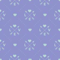 nahtlos Türkis Muster mit Pfeil, Herz und Wort Liebe auf ein violett Hintergrund. Illustration. vektor