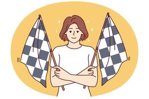 kvinna innehav två rutig flaggor till signal för Start av bil tävlings konkurrens bland drivrutiner vektor