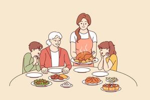 Familie Feier von das Erntedankfest mit Joint Abendessen und köstlich Traditionen Truthahn vektor