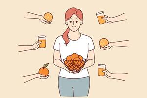 Frau isst Orangen und Getränke frisch gedrückt Zitrusfrüchte Obst Saft zu erhalten gesundheitsfördernd Vitamin c vektor