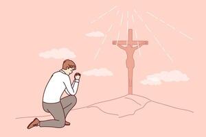 Geschäftsmann beten Sehen Christian Kreuz auf hügel, Anbetung Herr und fragen Jesus zum Schutz vektor