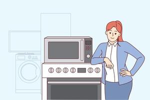 kvinna försäljning hushåll apparater står nära ugn och tvättning maskin och utseende på kamera vektor