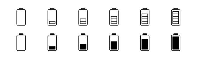 Handy, Mobiltelefon Batterie Symbol Satz. Telefon Batterie Niveau Indikator. Linie und Glyphe Batterie Indikator vektor