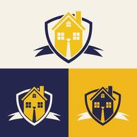 verklig egendom logotyp design terar blå och gul färger med silhuett byggnader i de bakgrund vektor