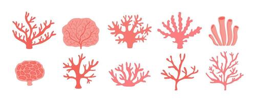 minimalistisch Korallen Satz. Silhouetten. unterseeisch Pflanzen und Flora. Marine Botanik. Seetang Aufkleber, Logo, Symbole. Zeichnungen isoliert auf Weiß. vektor