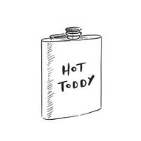 en linje dragen illustration av en höft flaska med de ord 'varm toddy' på de sida i typografi. hand dragen i svart och vit. vektor