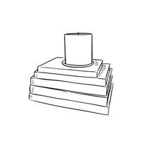 ein Linie gezeichnet Illustration von ein Stapel von Bücher mit ein Kerze auf das oben im schwarz und Weiß. gezeichnet durch Hand im ein skizzenhaft Stil vektor