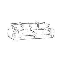 ein Linie gezeichnet Illustration von ein komfortabel Sofa mit vier Kissen im schwarz und Weiß. gezeichnet durch Hand im ein skizzenhaft Stil vektor