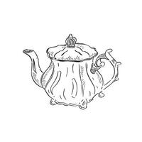 ein Linie gezeichnet Illustration von ein Teekanne im ein kompliziert Jahrgang Stil. alle Hand gezeichnet und digital reproduziert vektor