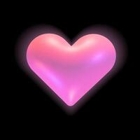 skinande 3d hjärta med en mjuk glöd. rosa holografiska hjärta i y2k stil isolerat på en svart bakgrund, lyx, romantisk, och kärlek tema design. illustration vektor