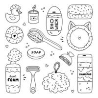 süß Hand gezeichnet Gekritzel einstellen von Hygiene Artikel, Badezimmer und Dusche Zubehör. Produkte zum Hautpflege, Schönheit, Körper Pflege, selbst Liebe im modisch Stil. Seife, Mikrofaser Handtuch, Shampoo, Creme, Ente, Öl vektor