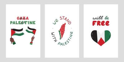 vi stå med palestina uppsättning av posters med text och enkel hand dragen ClipArt av gaza flagga i de hand, vattenmelon i de form av Karta av Israel och gaza. begrepp av Stöd palestina. vektor