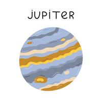 söt hand dragen tecknad serie Jupiter. gas jätte planet av sol- systemet. barnslig enkel klotter av astronomi himmelsk kropp för barn utbildning, yttre Plats infografik, universum plakat. vektor