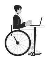 deaktiviert Latein Mann Arbeiten auf Laptop schwarz und Weiß 2d Linie Karikatur Charakter. spanisch männlich Mitarbeiter im Rollstuhl isoliert Gliederung Person. Aufnahme monochromatisch eben Stelle Illustration vektor