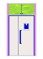 inhemsk kylskåp med skåp 2d linjär tecknad serie objekt. kök apparat och möbel isolerat linje element vit bakgrund. Utrustning för hus Färg platt fläck illustration vektor