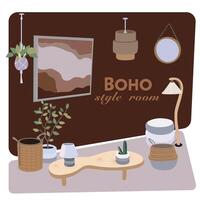 Schlafzimmer Möbel Satz. Boho Stil Zimmer. Schlafzimmer Karikatur braun hölzern Möbel. eben Schlafzimmer Innere. Bett, Kleiderschrank, Lampe, Blumen und andere Schlafzimmer Dekor vektor