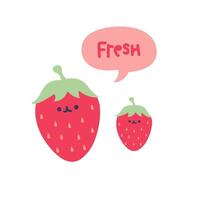 söt tecknad serie röd jordgubbe. platt tecknad serie frukt tecken. färsk och svettig frukt vektor