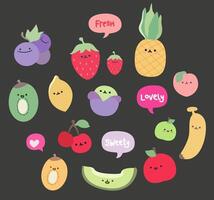 samling av söt platt frukter. söt tecknad serie ananas, äpple, druva, melon, citron, körsbär, persika, jordgubbe, banan, kiwi. sommar tecknad serie frukt vektor