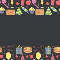 glücklich Geburtstag rahmen. nahtlos Geburtstag Hintergrund. Illustration mit Kuchen, Geschenk Kasten, Party Hut, Luftballons. vektor
