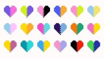 uppsättning av lutning färgrik hjärtan i pixel konst stil. kärlek spel uppsättning. hjärta gamer hälsa tecken. pixel ikon, illustration isolerat på vit bakgrund. 8-bitars retro stil symboler vektor