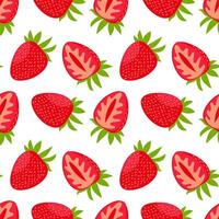 ein Muster von ganze Erdbeeren und ihr Schnitte. hell rot Farbe von frisch Beeren mit Grün Blätter. Erdbeere Textur ist geeignet zum Hinzufügen Frische, Farbe und natürlich Schönheit zu irgendein Design Projekt vektor