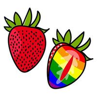 ein einstellen von Erdbeeren, gemalt Innerhalb im alle das Farben von das Regenbogen. Individuell Früchte mit Konturen und Farbe. ganze und Schnitt im anders Posen. ein lgbt Symbol. geeignet zum Webseite, Verpackung vektor